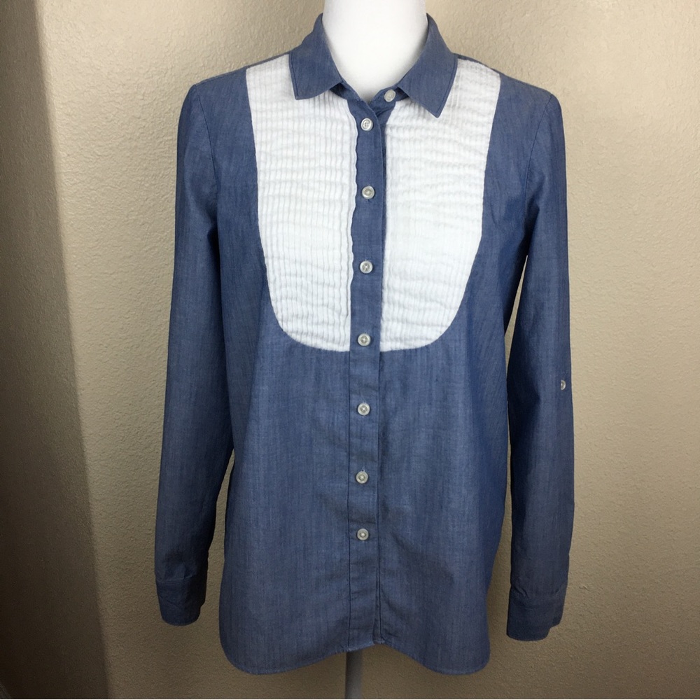 Kate Spade Chambray Button Up White Pleated Bib Yoke Cotton Blue Size 6